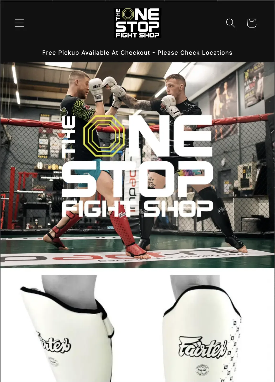 The One Stop Fight Shop Shopify store homepage, with the shop logo over a sparring photo and white shin pads below