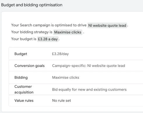 Google Ads budget and bidding settings for 53Marketing's NI Website Design Search campaign: budget £3.28 per day, conversion goal NI website quote lead, bidding Maximise clicks