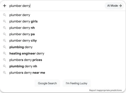 Google search suggestions as someone types plumber derry