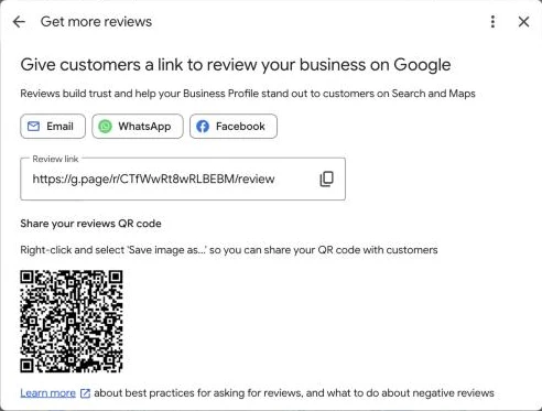 Google Business Profile 'Get more reviews' panel for 53Marketing showing Email, WhatsApp and Facebook share buttons, a g.page review link with a copy button, and a QR code